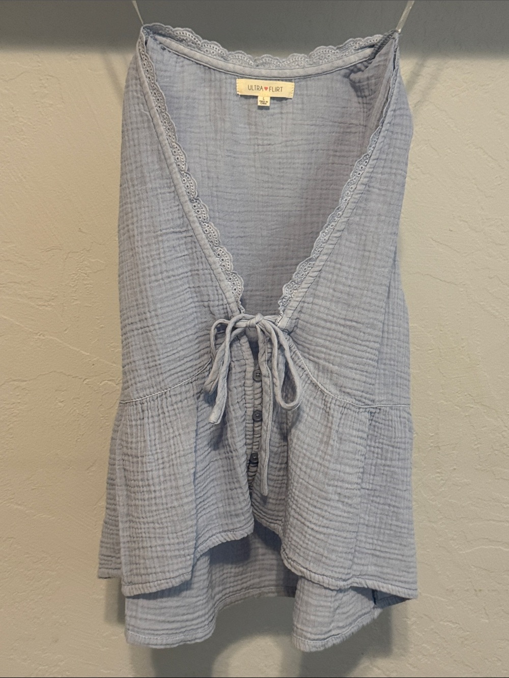 Ultra Flirt Light Blue Lace-Trim Tie-Front Camisole